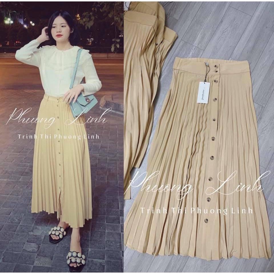 CHÂN VÁY MIDI DẬP LY MÀU BE