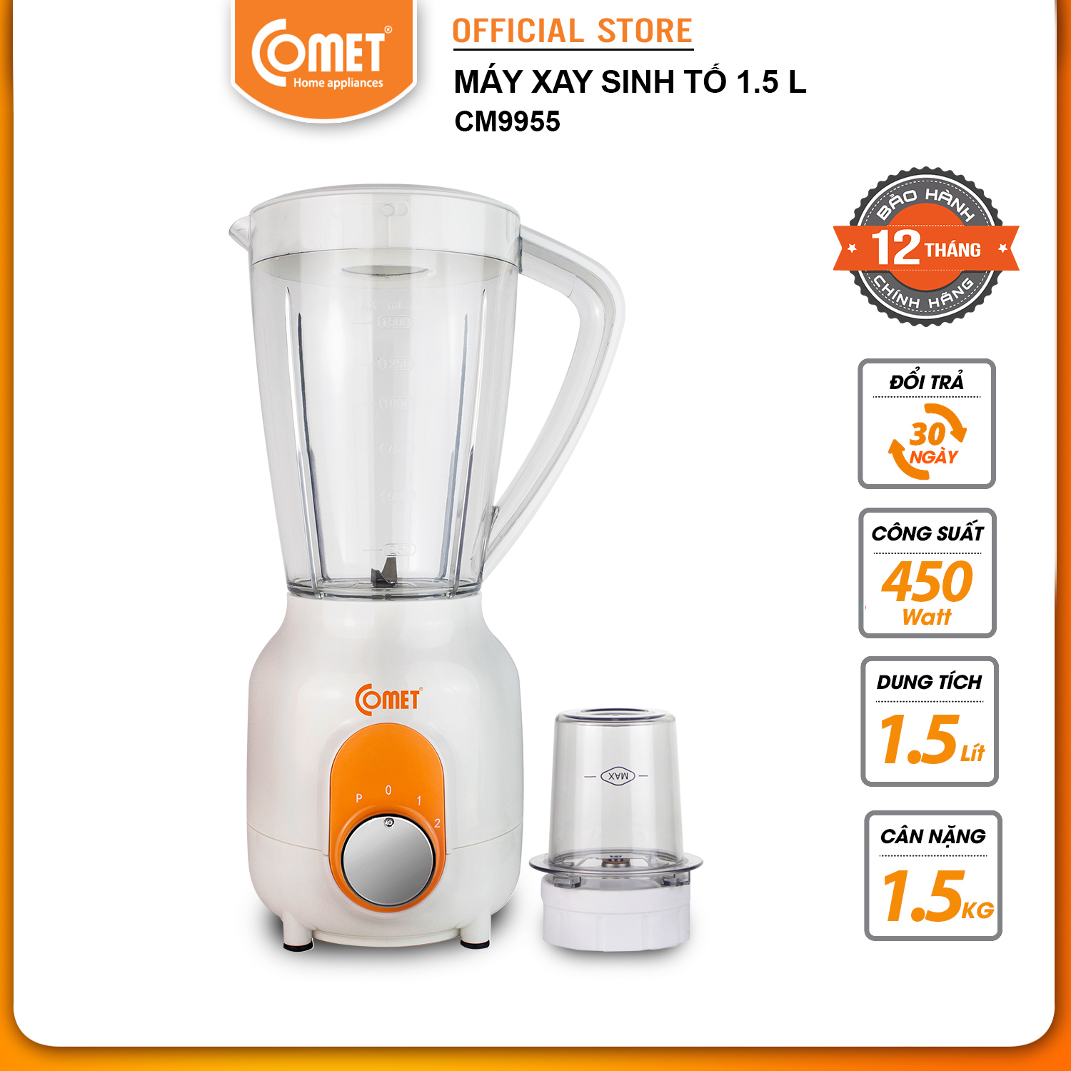 Máy xay sinh tố cối nhựa kháng vỡ 450W COMET - CM9955 - Hàng Chính Hãng