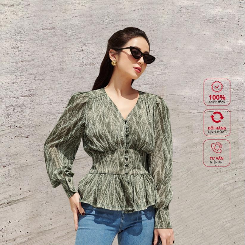 Áo sơ mi nữ dáng peplum trendy, họa tiết sành điệu, eo chun thoải mái Peony -BLUEBELL TOP