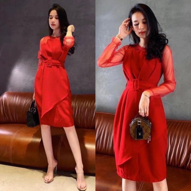 Đầm dự tiệc xếp ngực thắt eo tay lưới kèm ảnh thật TKN