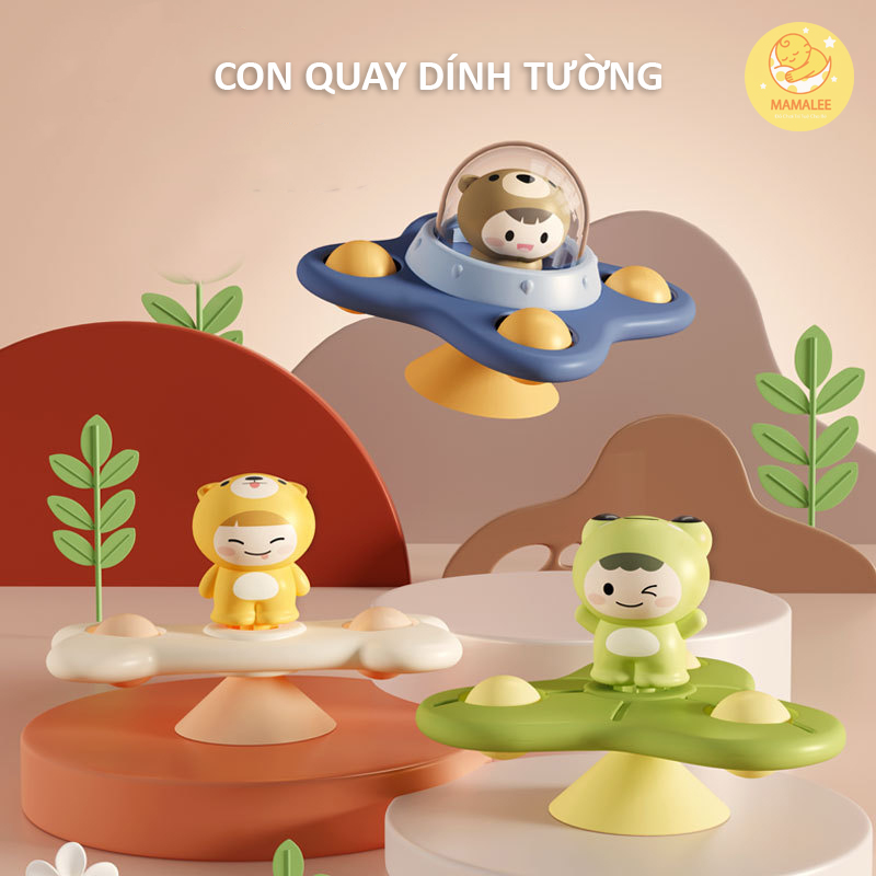 Chong chóng dính tường cho bé hình động vật, con quay spinner gắn bàn ăn dặm bộ 3 chiếc