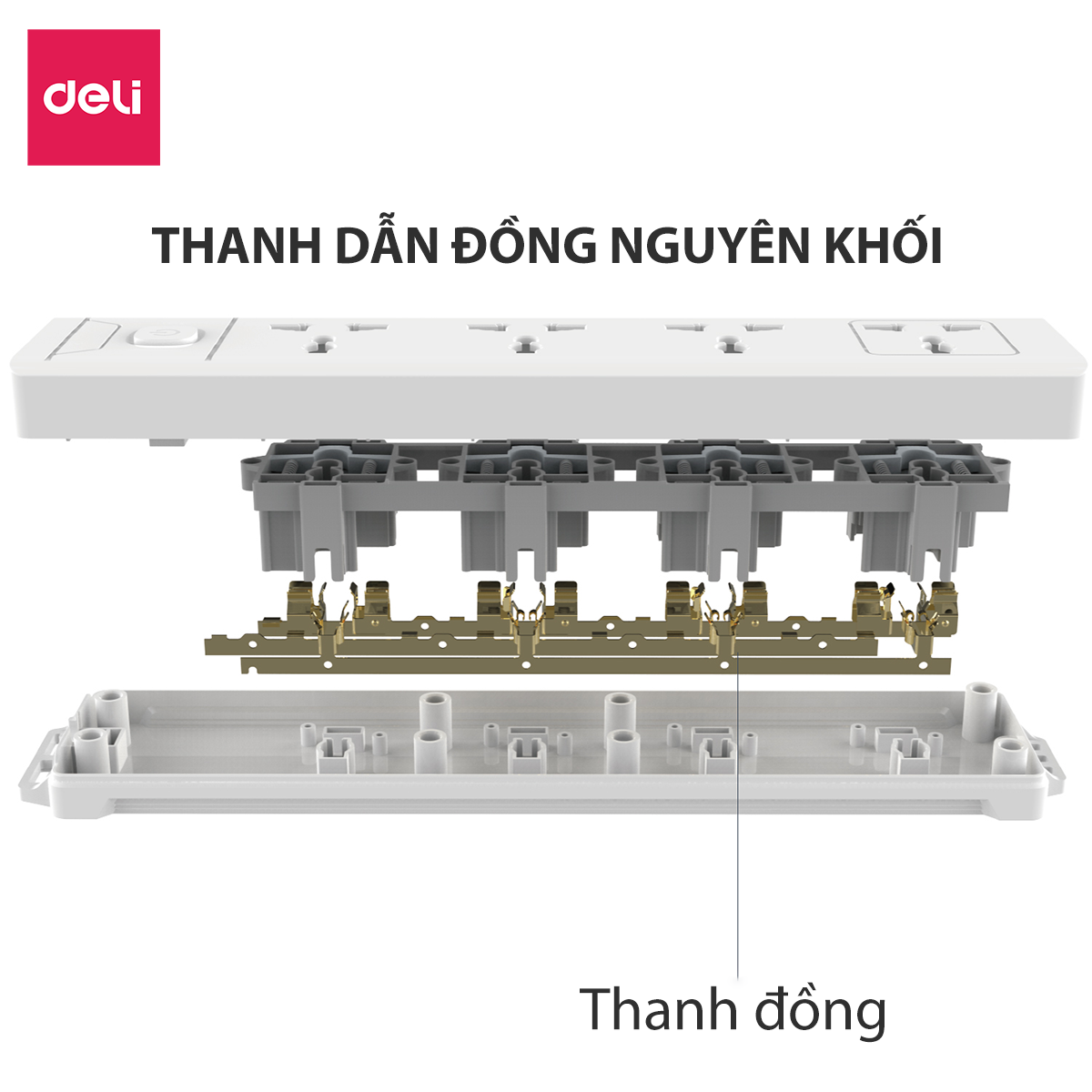 Ổ Cắm Điện Đa Năng Kèm Cổng USB Có Công Tắc Tải 2500W Nắp Chống Giật Chống Cháy Chất Lượng Cao Deli - Dây 2M/3M/5M - ET401 411