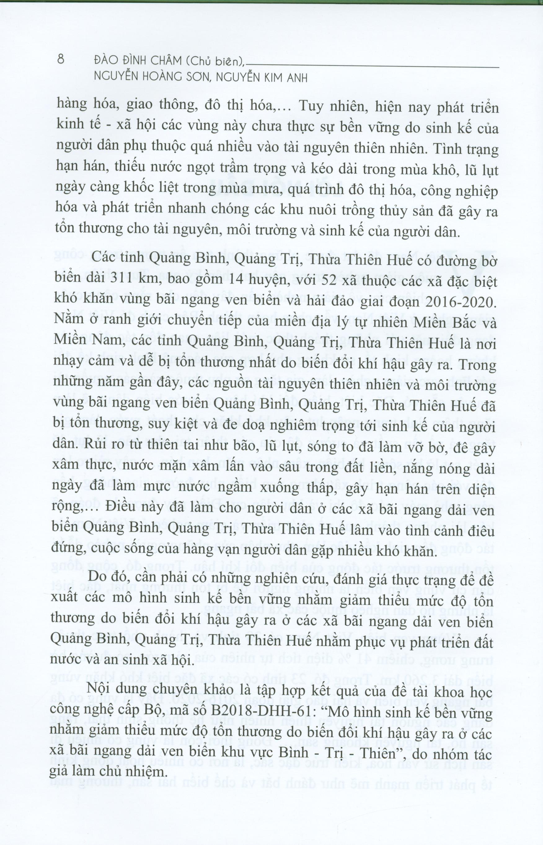 Đánh Giá Mức Độ Tổn Thương Do Tác Động Của Biến Đổi Khí Hậu Ở Các Xã Bãi Ngang Dải Ven Biển Quảng Bình, Quảng Trị, Thừa Thiên Huế Và Đề Xuất Mô Hình Sinh Kế Bền Vững