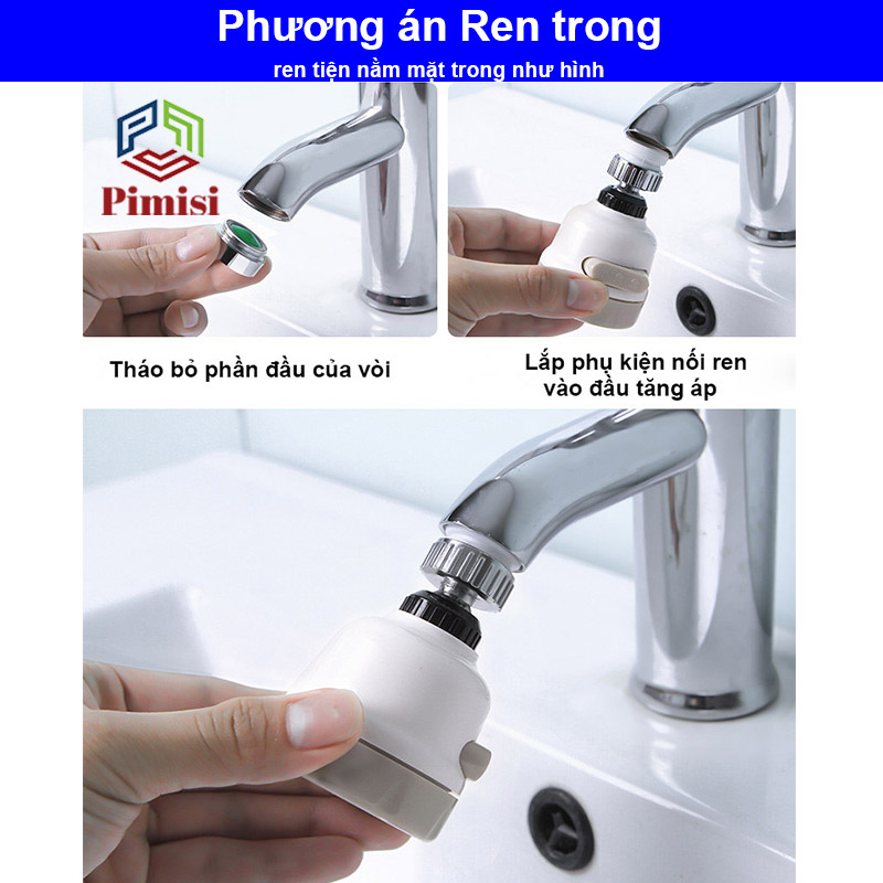 Đầu nối vòi rửa bát tăng áp đa năng 3 chế độ, xoay 360 độ Pimisi sử dụng cho cả vòi nước lavabo chậu rửa mặt và vòi chậu rửa chén bát ren trong và ren ngoài | Hàng chính hãng