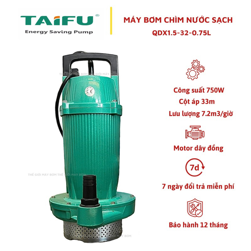 Máy bơm chìm đẩy cao 750W (1HP) cổ 25 Thân nhôm sơn tĩnh điện, không ngâm dầu TAIFU QDX1.5-32-0.75L - Bảo hành 1 năm