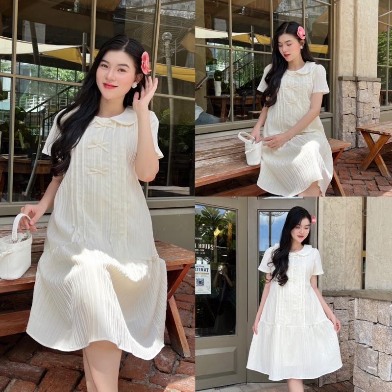 Đầm bầu cổ sen đính nơ dễ thương form đuôi cá gọn dáng, thanh lịch chất xốp Hàn Váy bầu dễ thương - Xanh đen