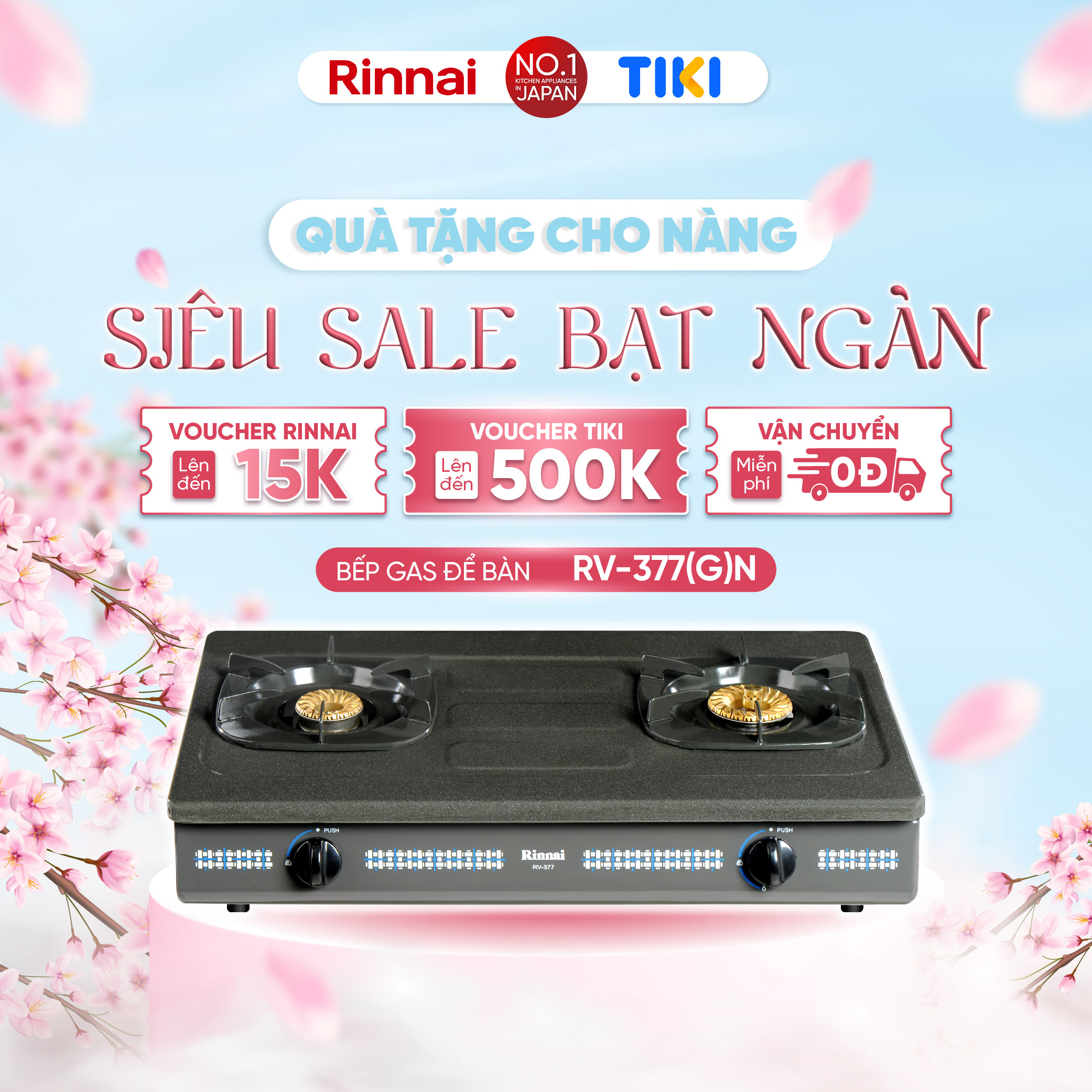 Bếp gas dương Rinnai RV-377(G)N mặt bếp men và kiềng bếp men - Hàng chính hãng.