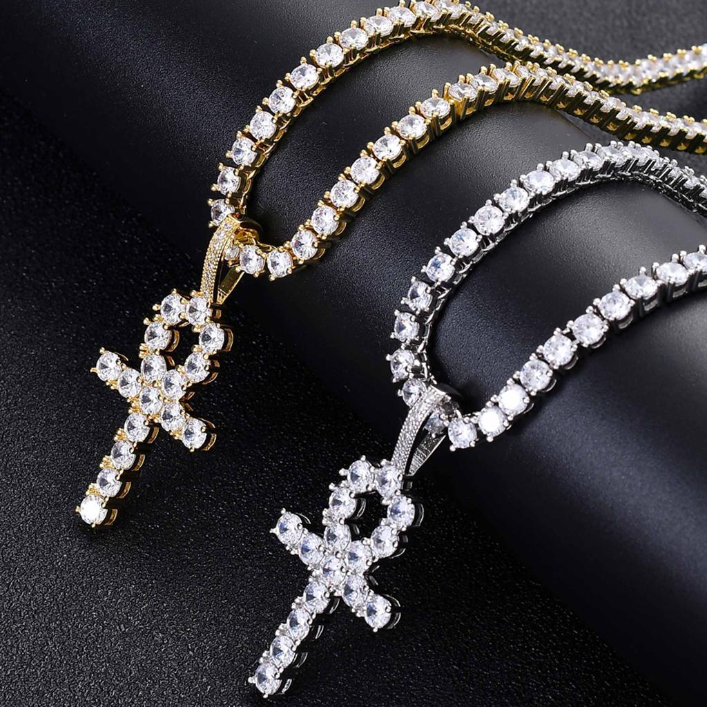 Necklace with Key Cross Pendant Zircon Jewel Accessory for Women Men Golden