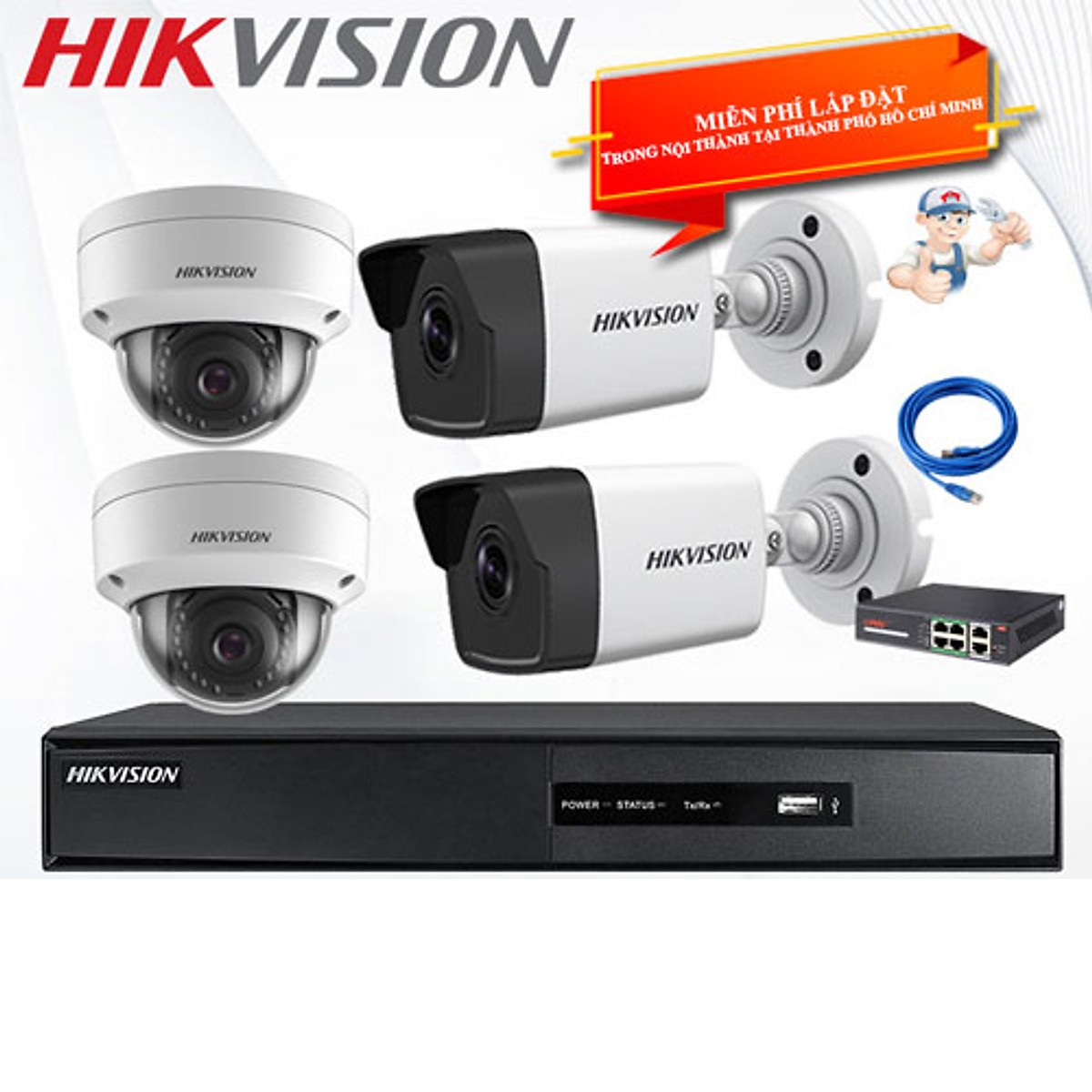 Trọn bộ 4 camera IP 4.0MP 2K HIKVISION - Hàng Chính Hãng - Lắp đặt miễn phí trong nội thành tại Thành Phố Hồ Chí Minh