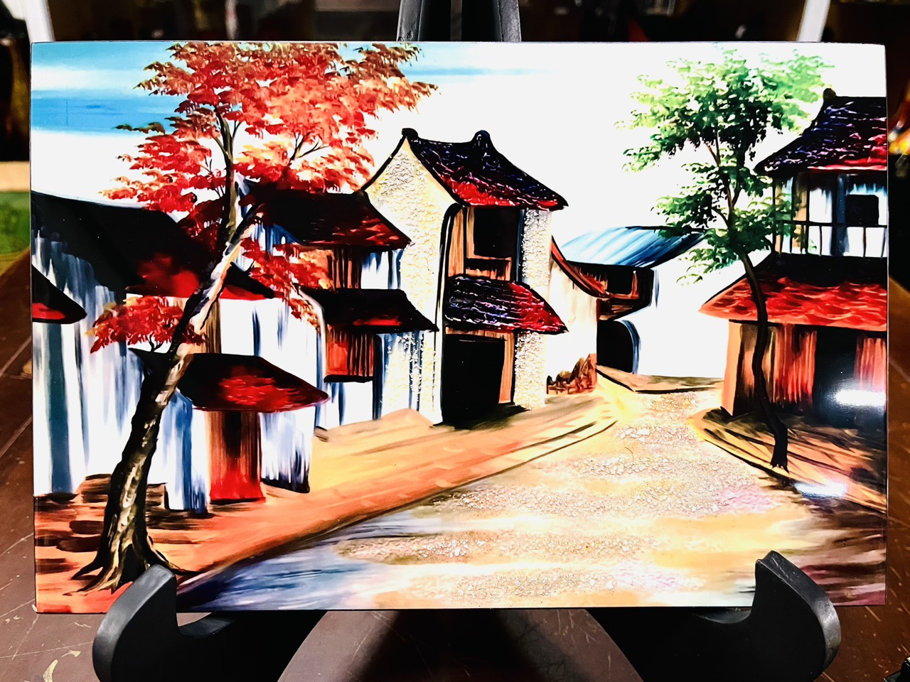 Tranh sơn mài phố cổ vẽ màu cẩn trứng đẹp Thanh Bình Lê size 20x30 cm