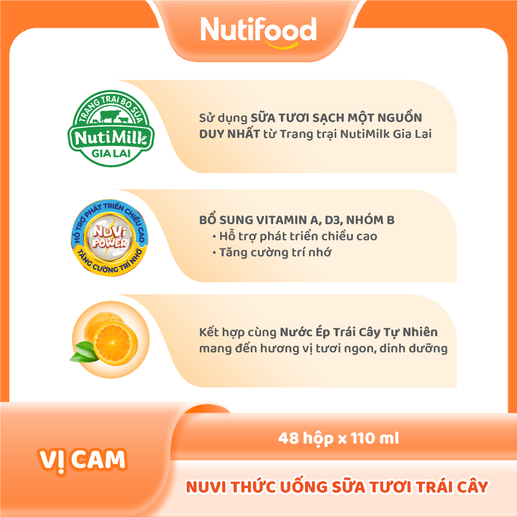 Thùng 48 hộp Thức Uống Sữa Tươi Trái Cây Tươi Nuvi Vị Cam 110ml - Tăng Cường Chiều Cao, Phát Triển Trí Não