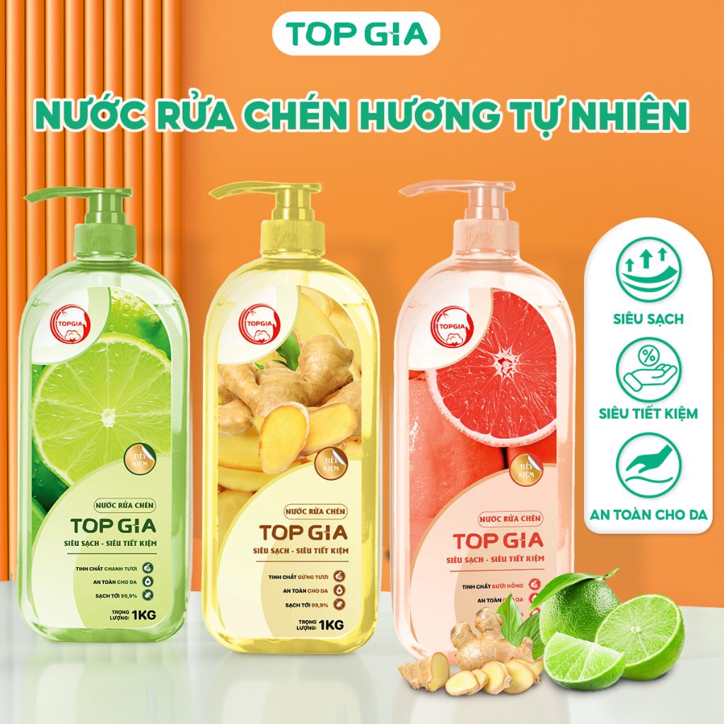 Nước rửa chén bát TopGia hương chanh chiết xuất tự nhiên làm sạch dầu mỡ bảo vệ da tay chai 1kg