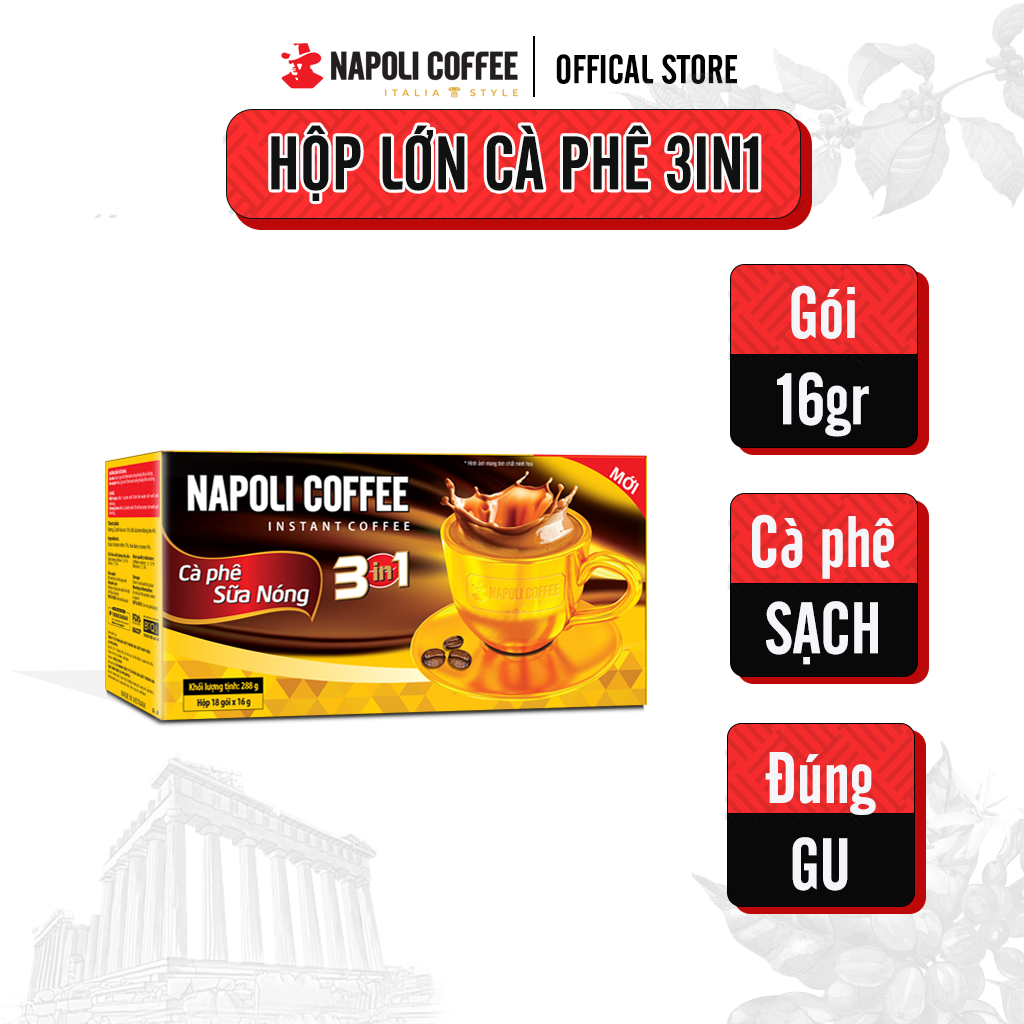 Cà Phê hòa tan 3in1 Sữa Nóng Napoli Coffee 18 gói x 16g -Hạt Robusta/Arabica Hộp Lớn