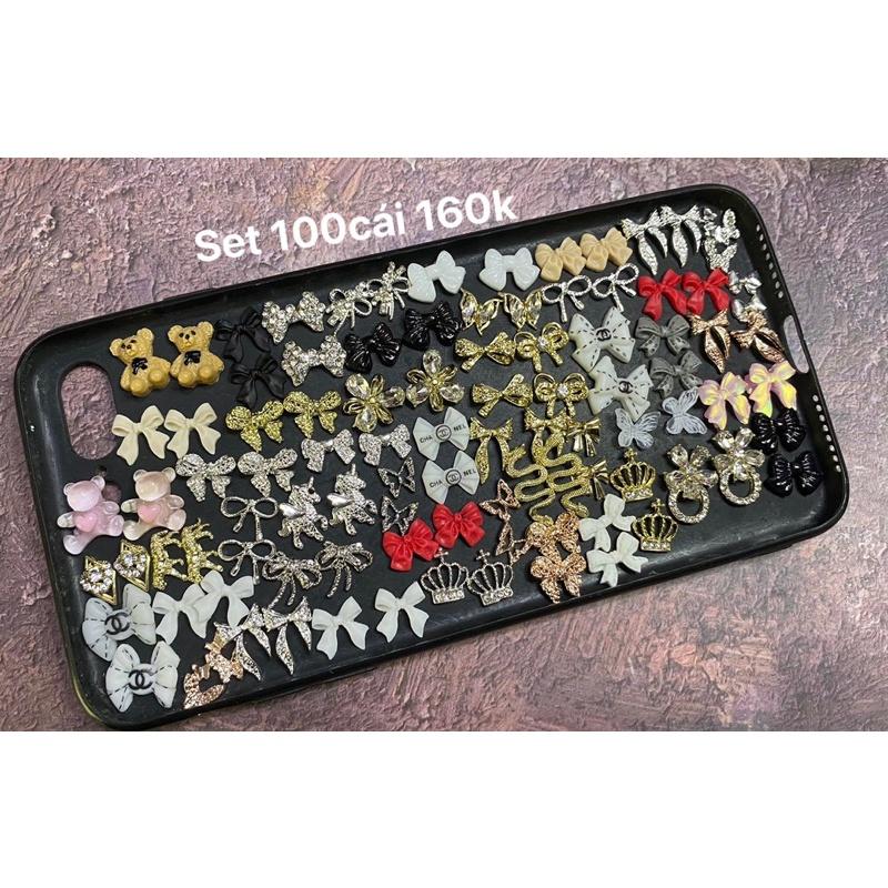 set 100 phụ kiện làm nail (hoa bột + đá hình + charm nhựa)