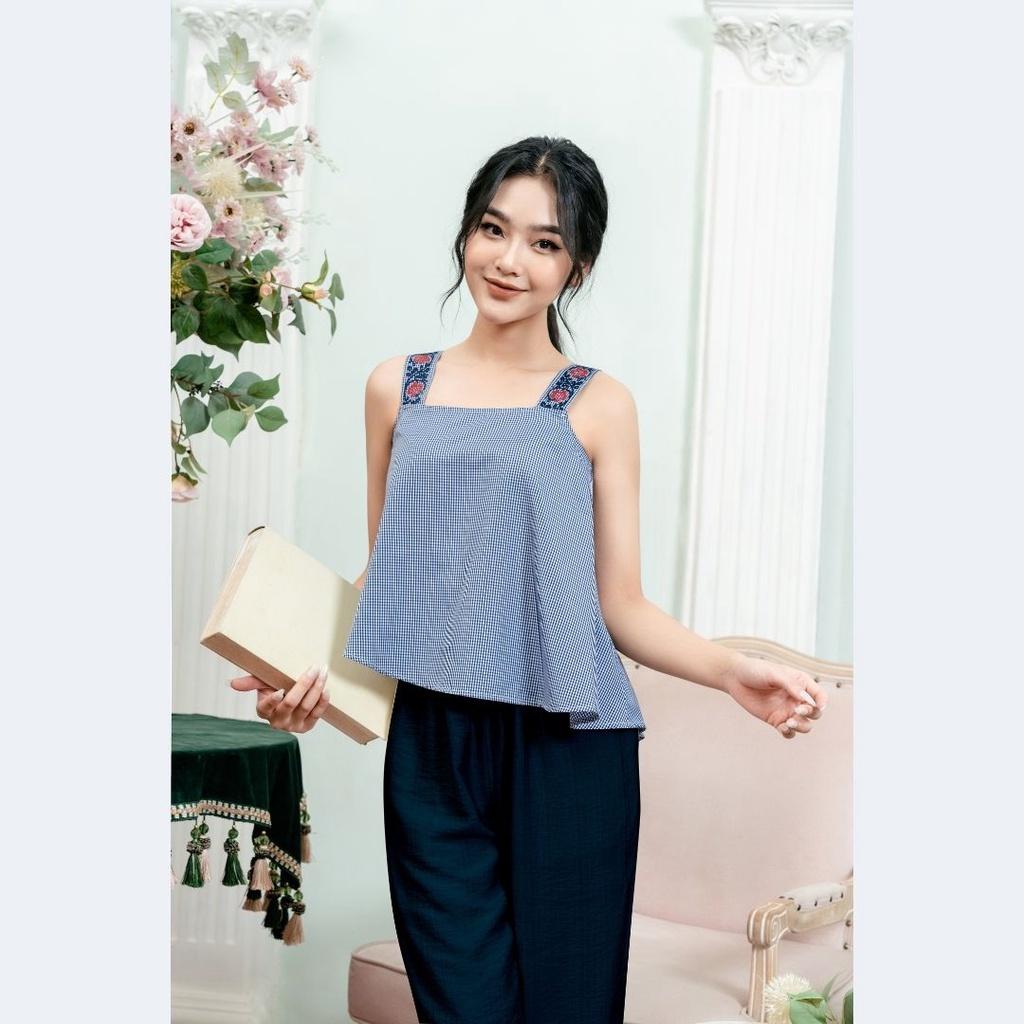 Đồ ngủ mặc nhà bộ 2 dây nữ caro thêu quần dài Freedy - WBH2204