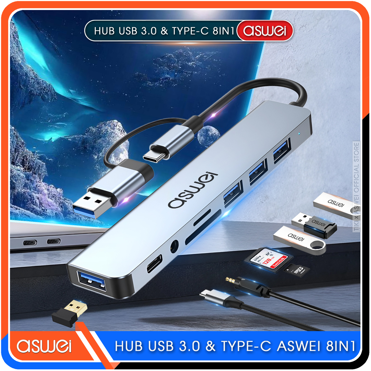 Hub USB 3.0 Và Hub Type C ASWEI 8 in 1 To USB 3.0, SD, TF, USB C, Audio 3.5 - Hàng Chính Hãng