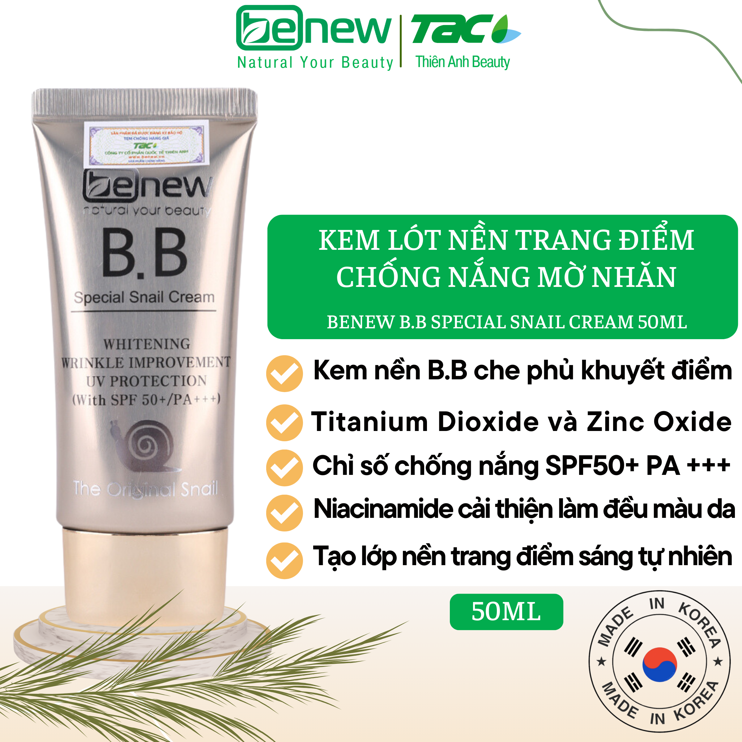 Kem Nền Siêu Mịn Lâu Trôi BB Benew ốc sên Cream Cao Cấp Hàn Quốc ( 50ml)