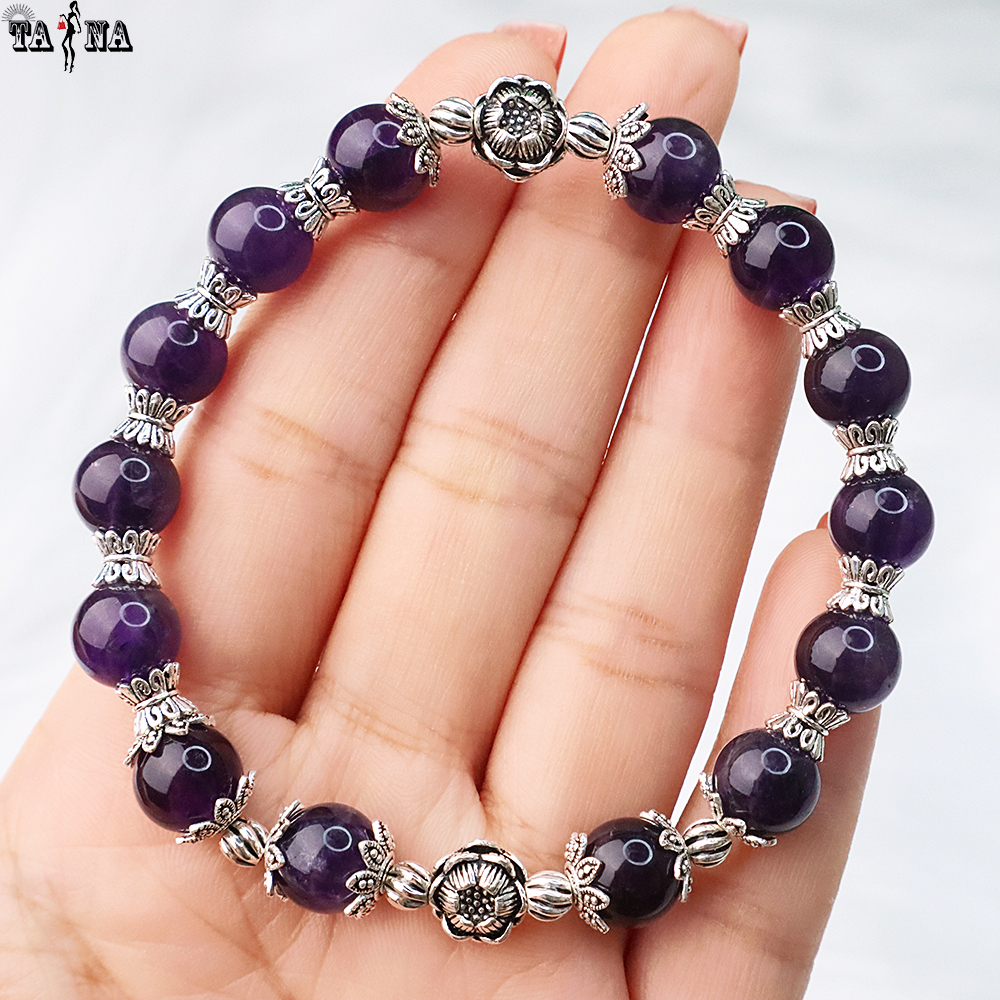 Vòng đá thạch anh tím 8mm mix charm bạc 925 cao cấp