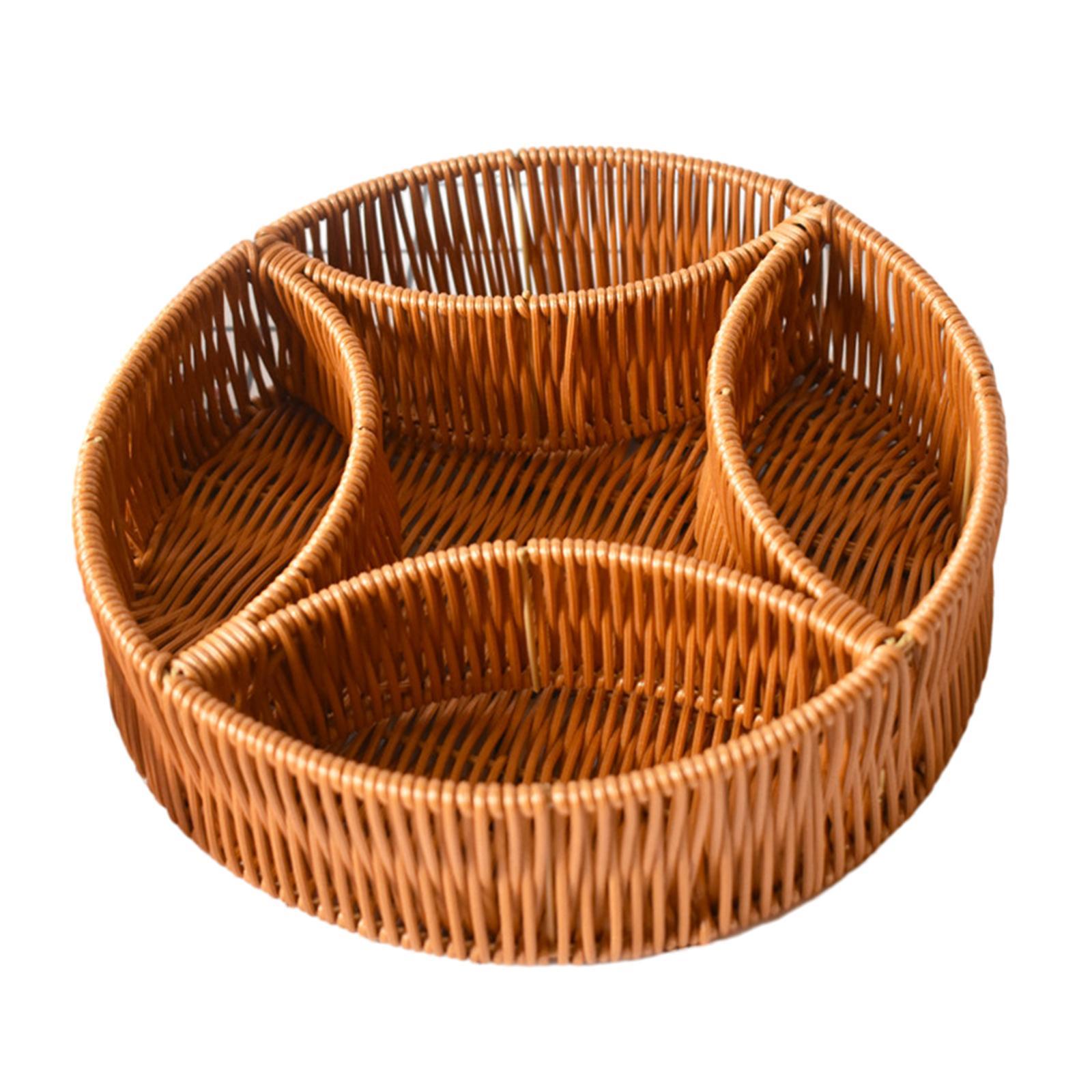 Hand Woven Serving Basket Food Storage Tray Divided Dividers Candy Serving Tray Round Fruit Basket for Hotel Breakfast Pantry