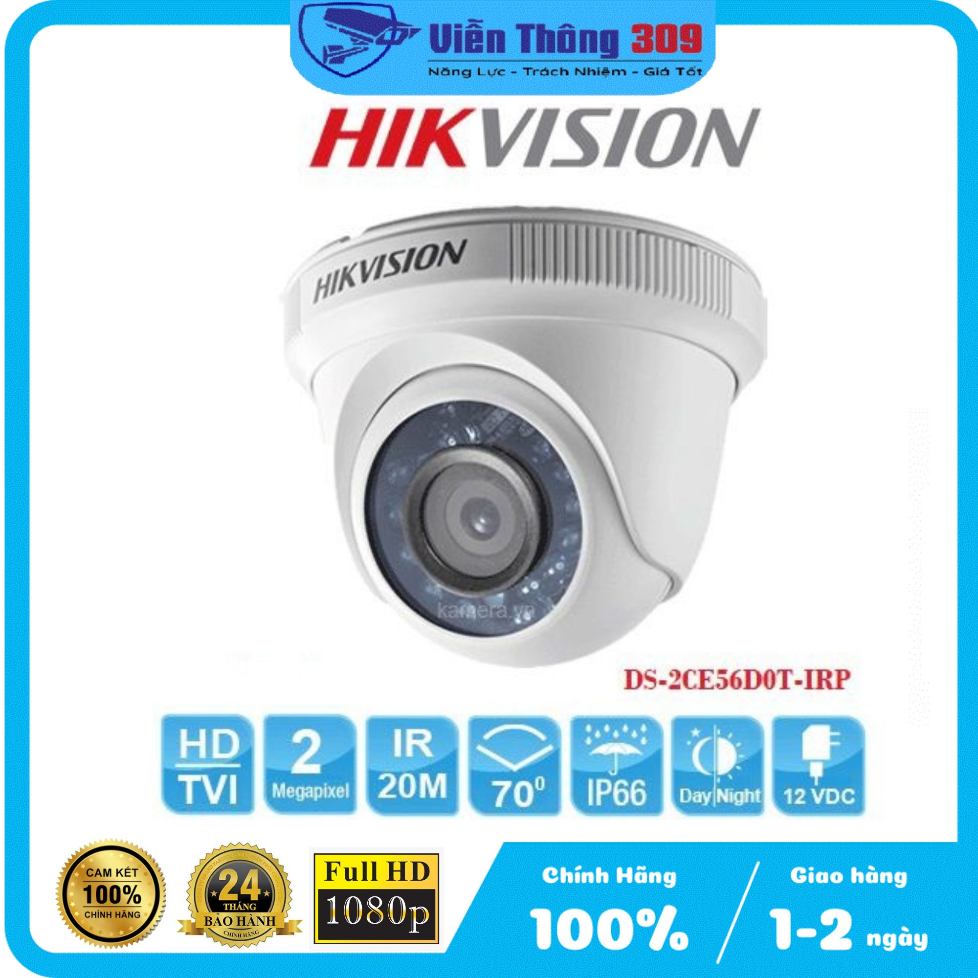 Camera dome Hikvision DS-2CE56D0T-IRP, Hàng chính hãng