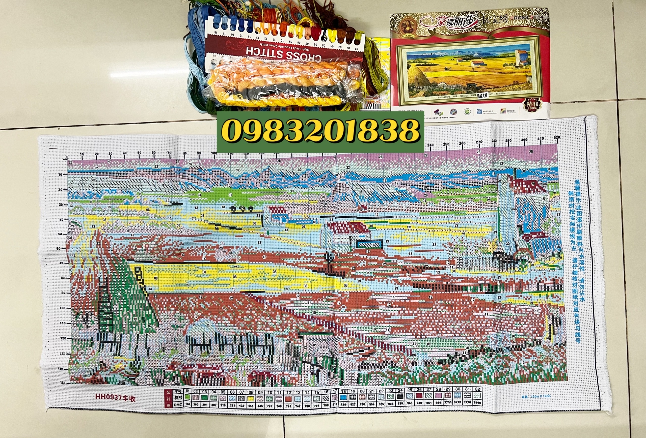 Tranh thêu kín chữ thập Cánh đồng lúa miền tây HH0937, thêu 4 sợi, 9CT, kích thước 102*53 cm