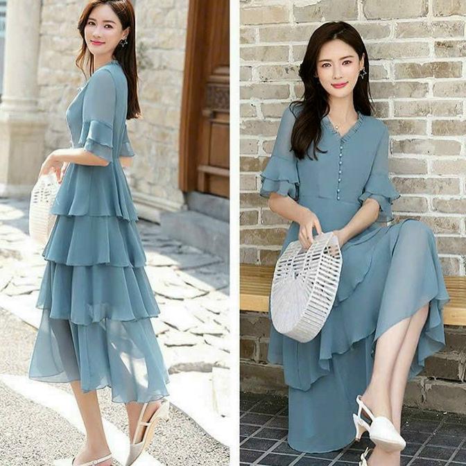 Đầm váy voan trung niên dự tiệc dạo phố 4 tầng đơn giản xanh hồng sang trọng