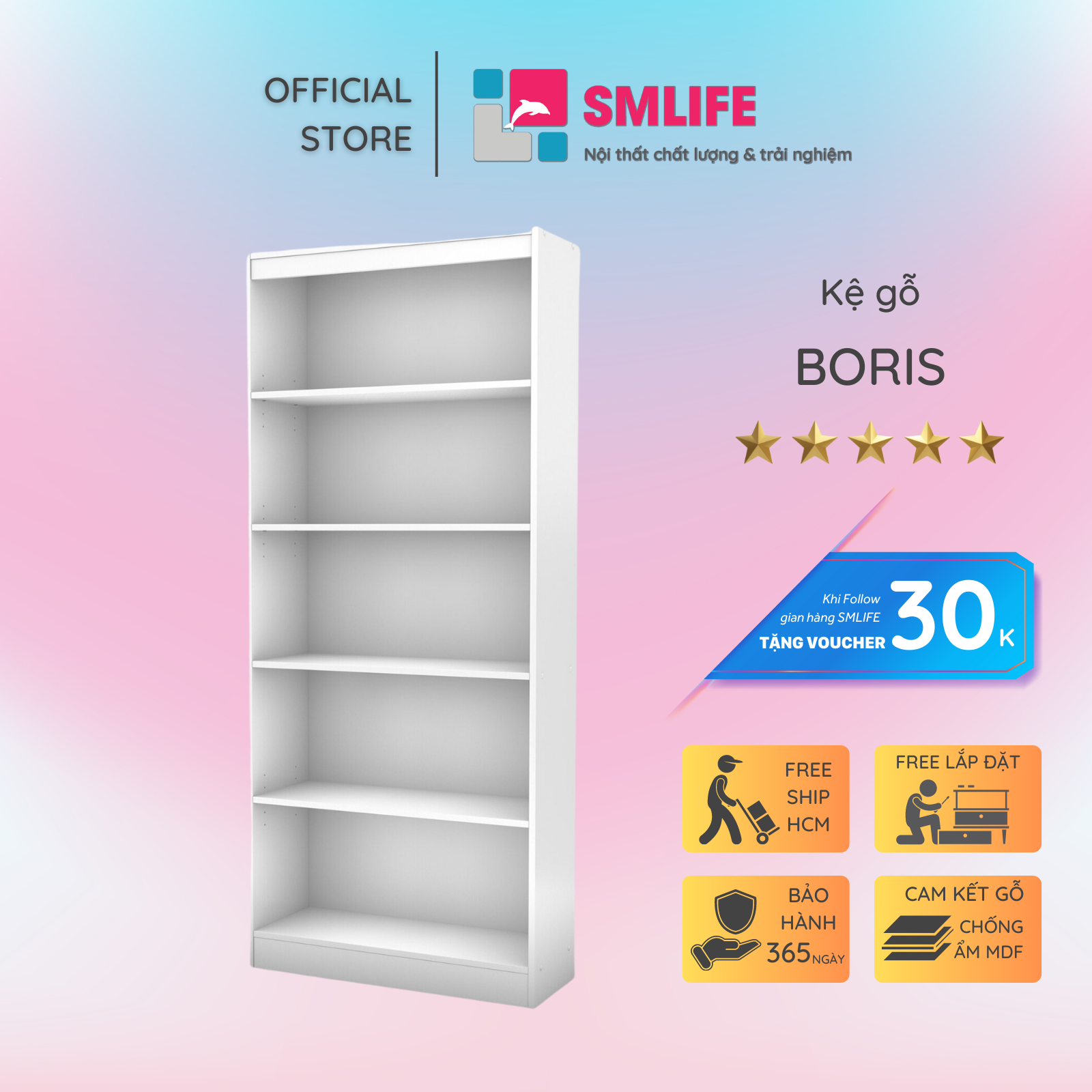 Kệ sách gỗ hiện đại SMLIFE Boris | Gỗ MDF dày 17mm chống ẩm | D80xR30xC180cm