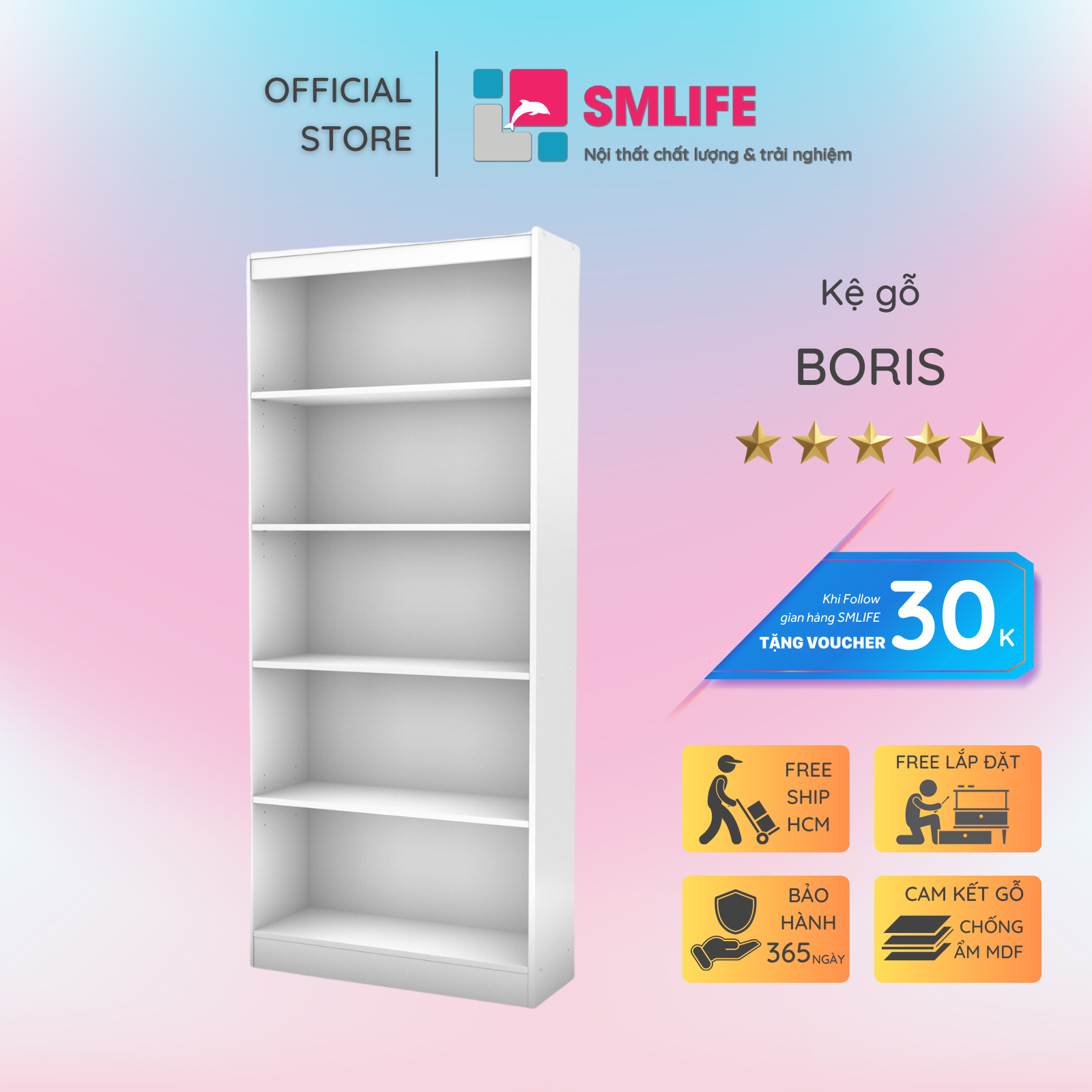 Kệ sách gỗ hiện đại SMLIFE Boris  | Gỗ MDF dày 17mm chống ẩm | D80xR30xC180cm - Màu