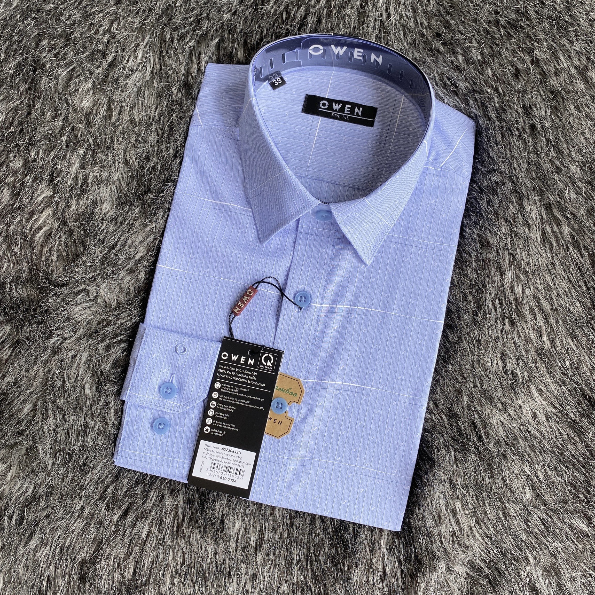 OWEN - Aó sơ mi dài tay Owen Slimfit chất sợi tre màu xanh nhạt in họa tiết 220842
