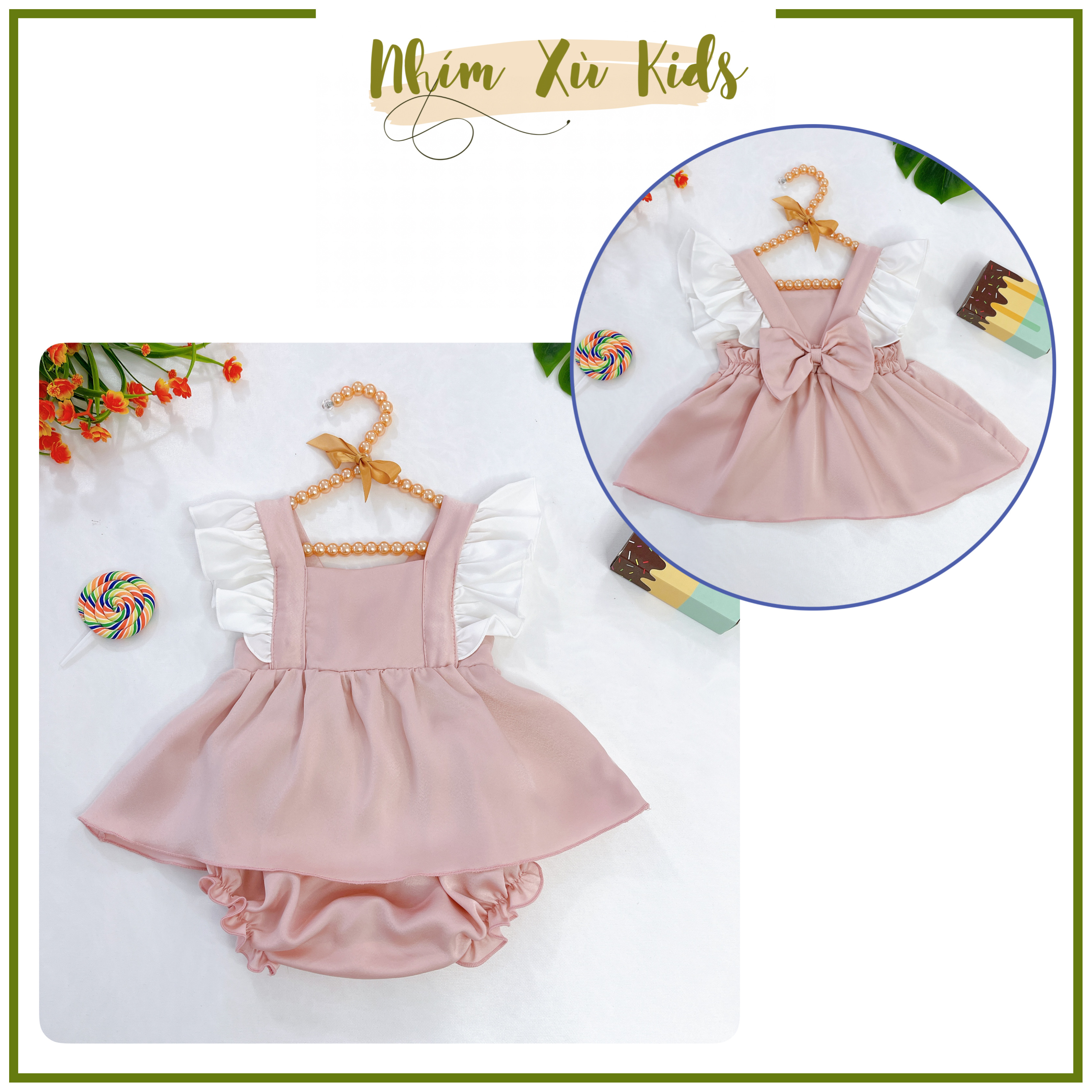 [3-12kg] Body Váy Hoa Nhí Nơ Hồng NHÍM XÙ KIDS Cho Bé Gái Sơ Sinh, Đầy Tháng, Thôi Nôi B087