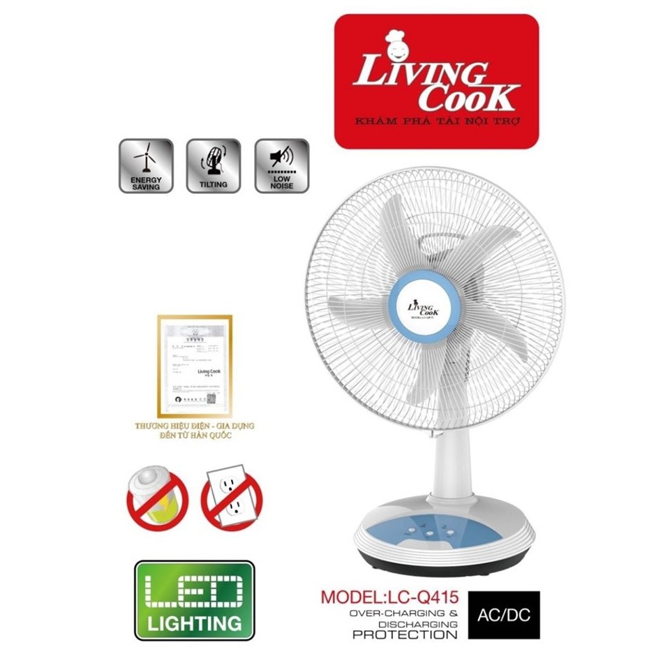 Quạt Tích Điện LivingCook LC-Q415 Tích Hợp Đèn LED Sạc USB - Chính Hãng