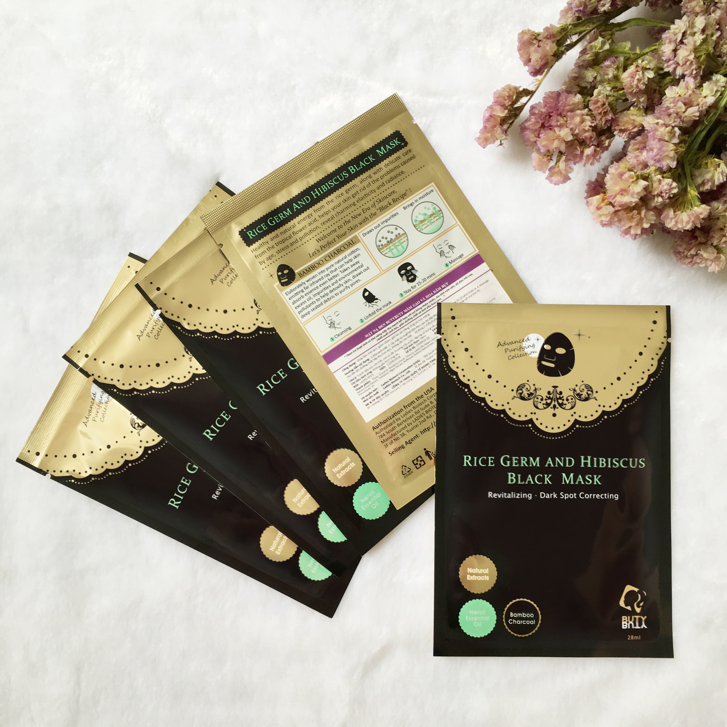 Combo 5 mặt nạ đen BUTYBUTY mầm gạo và hoa dâm bụt  Combo 5 sheets BUTYBUTY Rice Germ and Hibiscus Black Mask