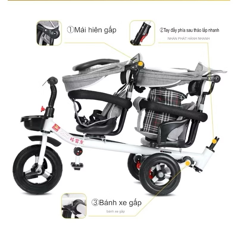 Xe đẩy đôi cho bé - Ghi bánh xe giảm xóc titan