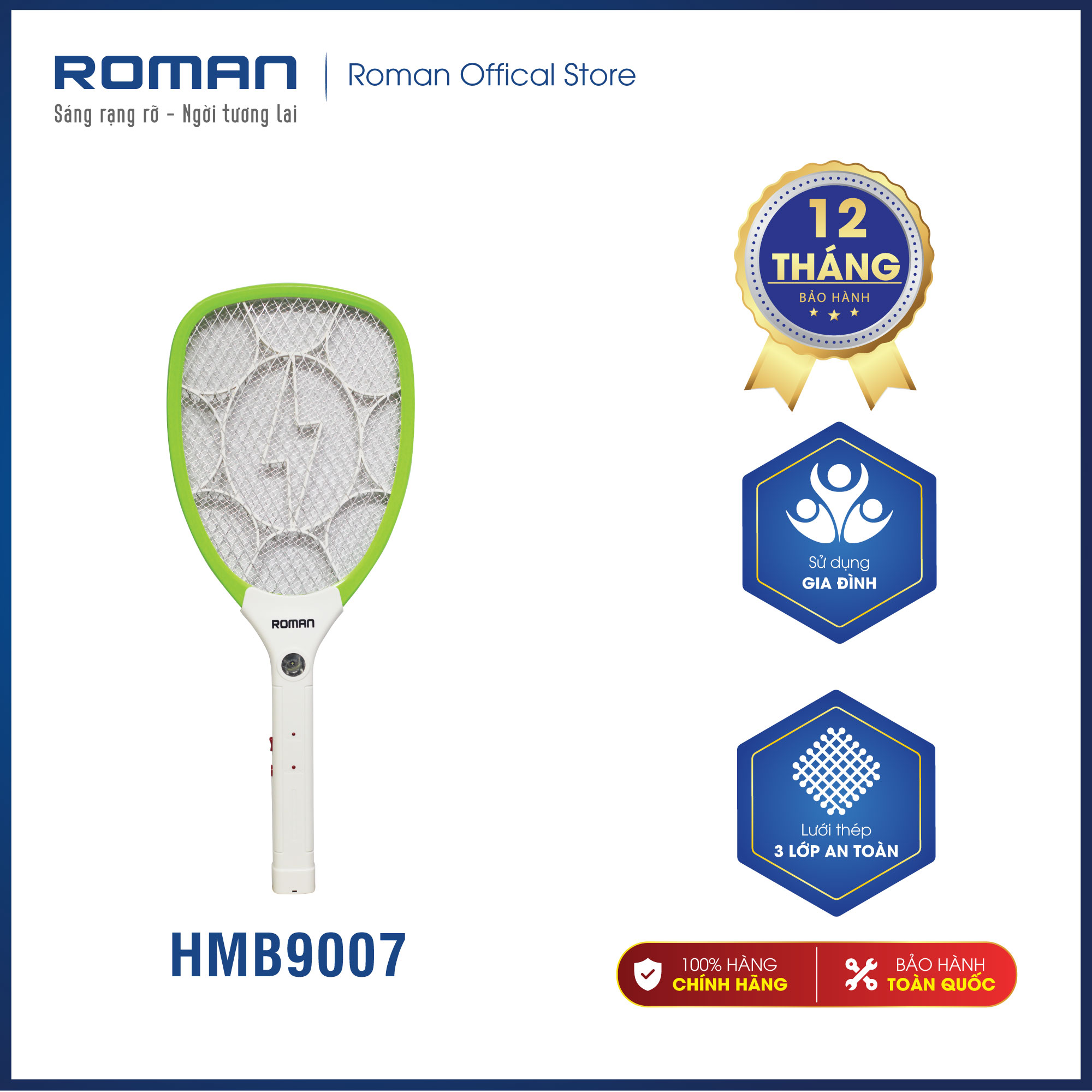 Vợt diệt muỗi cao cấp Roman HMB9007 tích hợp đèn LED an toàn, tiện lợi + Lớp bảo vệ an toàn tránh rò rỉ điện + Thời gian sử dụng dài