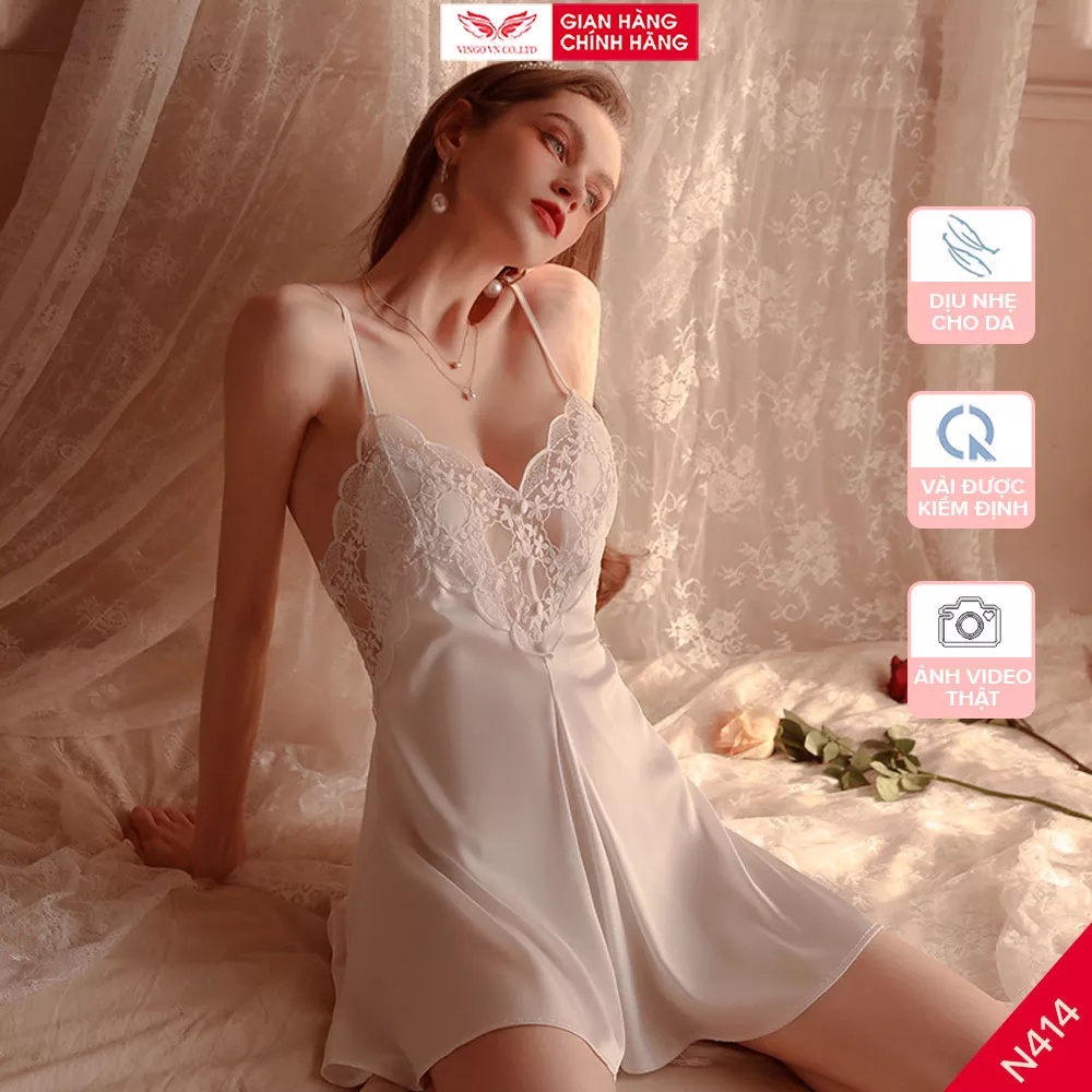 Váy ngủ 2 dây lụa cao cấp phối ren xuyên thấu sexy VINGO thiết kế dây lưng chéo gợi cảm N414 VNGO