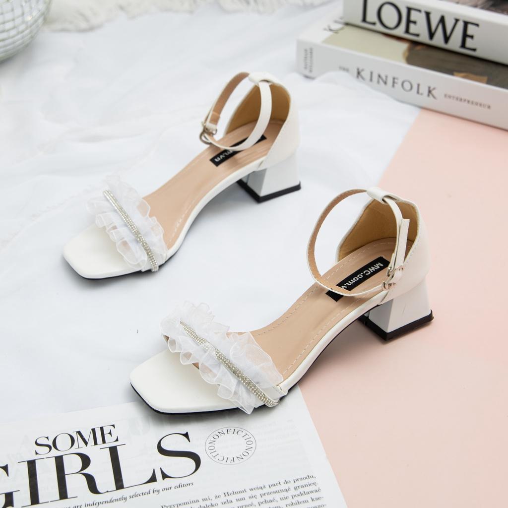 Giày Cao Gót thời trang MWC sandal cao gót quai nhún bèo đính đá nổi bật nữ tính NUCG-11057