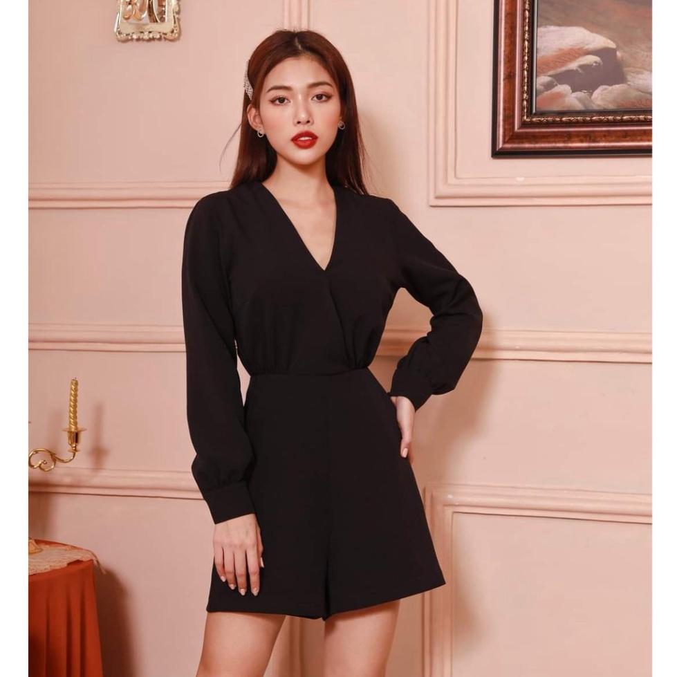 Jumpsuit đen tay dài cotton cao cấp hở lưng cổ V xoè chữ A ivy.fashion đi biển dự tiệc dạo phố bigsize gợi cảm sexy