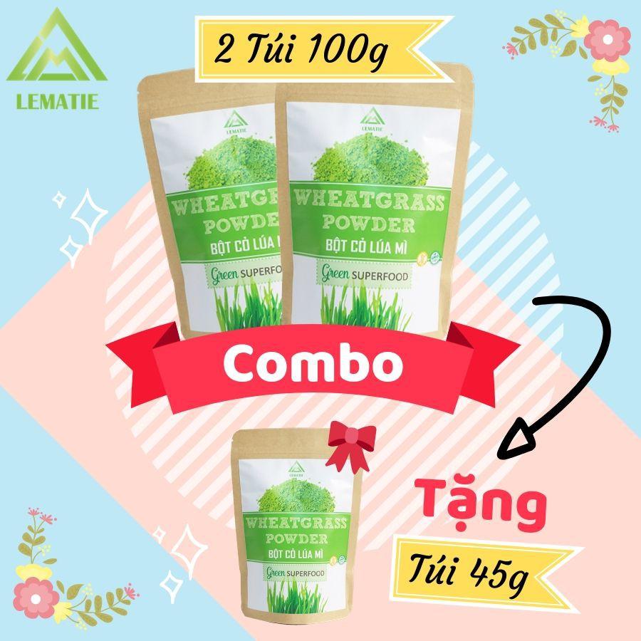 Combo 02 túi bột cỏ lúa mì sấy lạnh nguyên chất Lematie (100g)+ túi (45g) giảm cân, detox, eat clean, chứng nhận ATVSTP