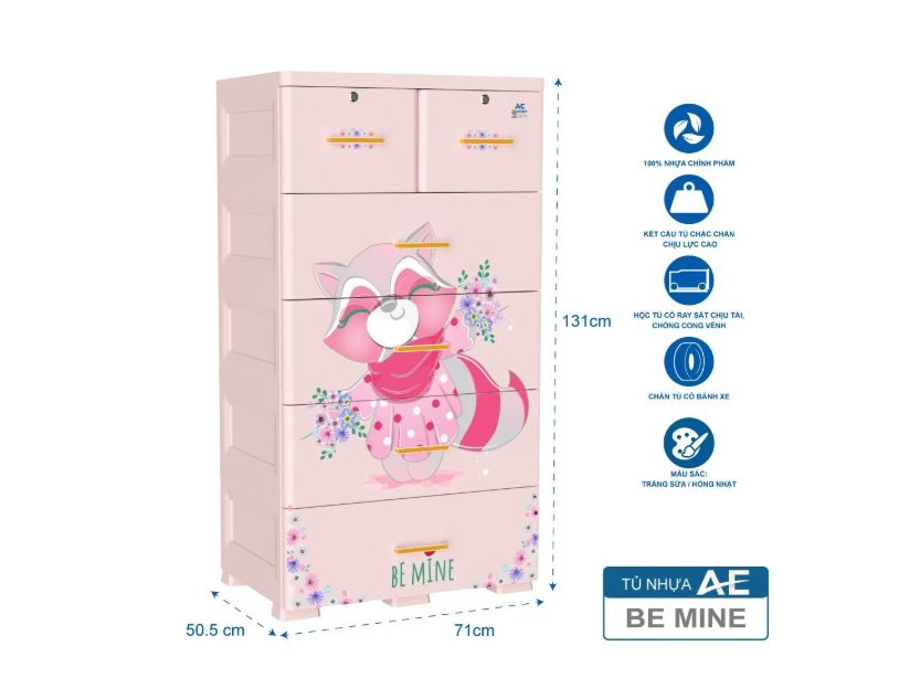 Tủ nhựa 5 tầng Qui Phúc AE màu hồng mẫu Be mine KT 710 x 505 x 1310 mm _ Juno Sofa hàng lắp sẵn