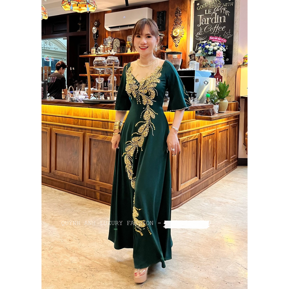 Đầm Xòe Dạ Hội Xanh Rêu Dáng Dài Tay Loe Đính Đá Cao Cấp Kane Dress