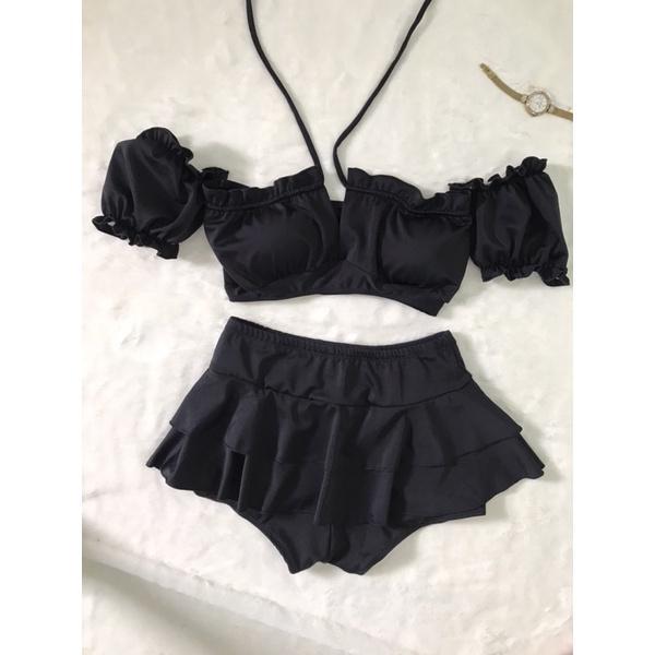 Bikini, đồ bơi đi biển 2 mảnh nữ áo tay phồng Hiền Hồ phối váy 2 tầng đẹp HM-070