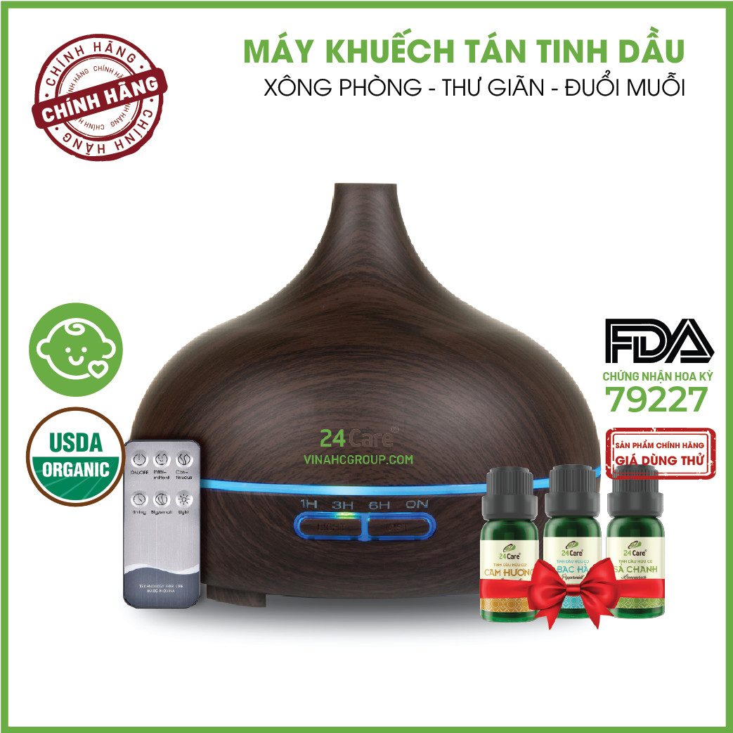 Máy khuếch tán Tinh Dầu 24Care Cổ Cao Đen Ultrasonic 500ml, Tặng 3 Chai Tinh dầu Sả Chanh + Bạc Hà + Cam Úc 24Care 10ml | Xông Phòng | Kèm Remote Điều Khiển |Công nghệ siêu âm tiên tiến.