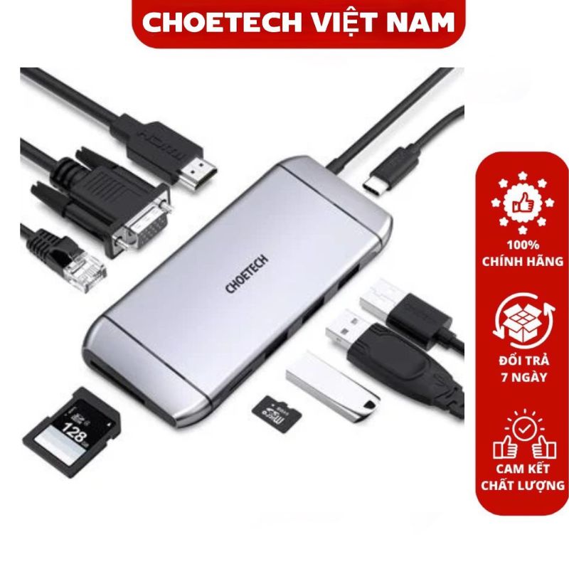 Hub Chuyển Đổi Type C 9 in 1 Type C To HDMI 4K/ PD 100W/ USB 3.0/ Rj45 Ethernet/ VGA/ TF/ SD CHOETECH HUB-M15