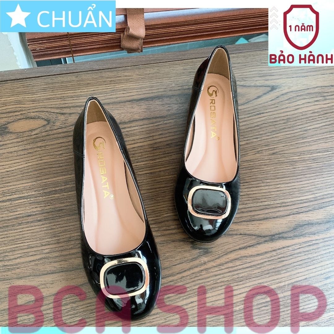 Giày công sở nữ 2p RO523 ROSATA tại BCASHOP mũi tròn có đính nơ vuông viền kim loại vàng sang trọng và thời trang -  đen