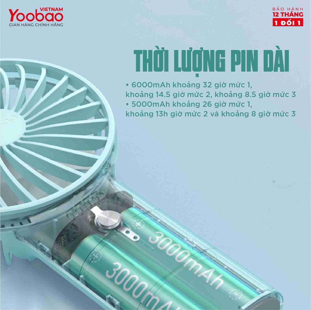 Quạt cầm tay YOOBAO F3 3000mAh - 6000mah - Quạt 4 cánh với 3 chế độ gió Nhỏ gọn tiện lợi - Hàng chính hãng - Bảo hành 12 tháng