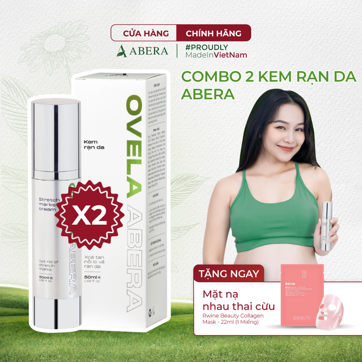 [Combo 2] Kem Rạn Da Ovela Abera 50ML - Dưỡng Ẩm, Giảm Rạn Cũ, Ngừa Rạn Mới, Kem Rạn Da Cho Mẹ Bầu