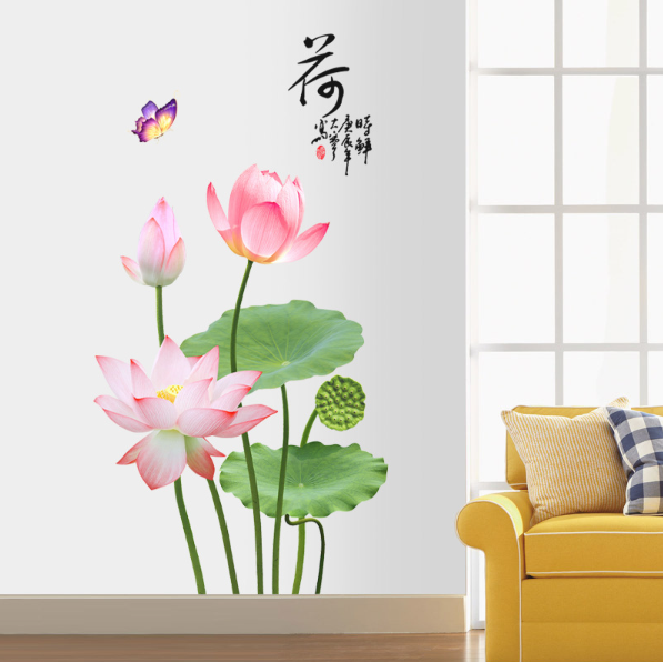 Decal trang trí tường - Hoa Sen cây dài 3D lá lớn tao nhã