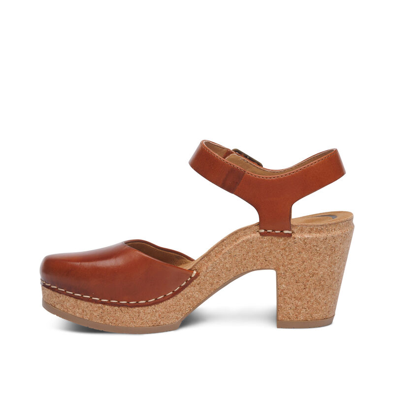 Sandal cao gót sức khỏe nữ Aetrex Finley Cognac - giày cao gót bít mũi đệm da mềm