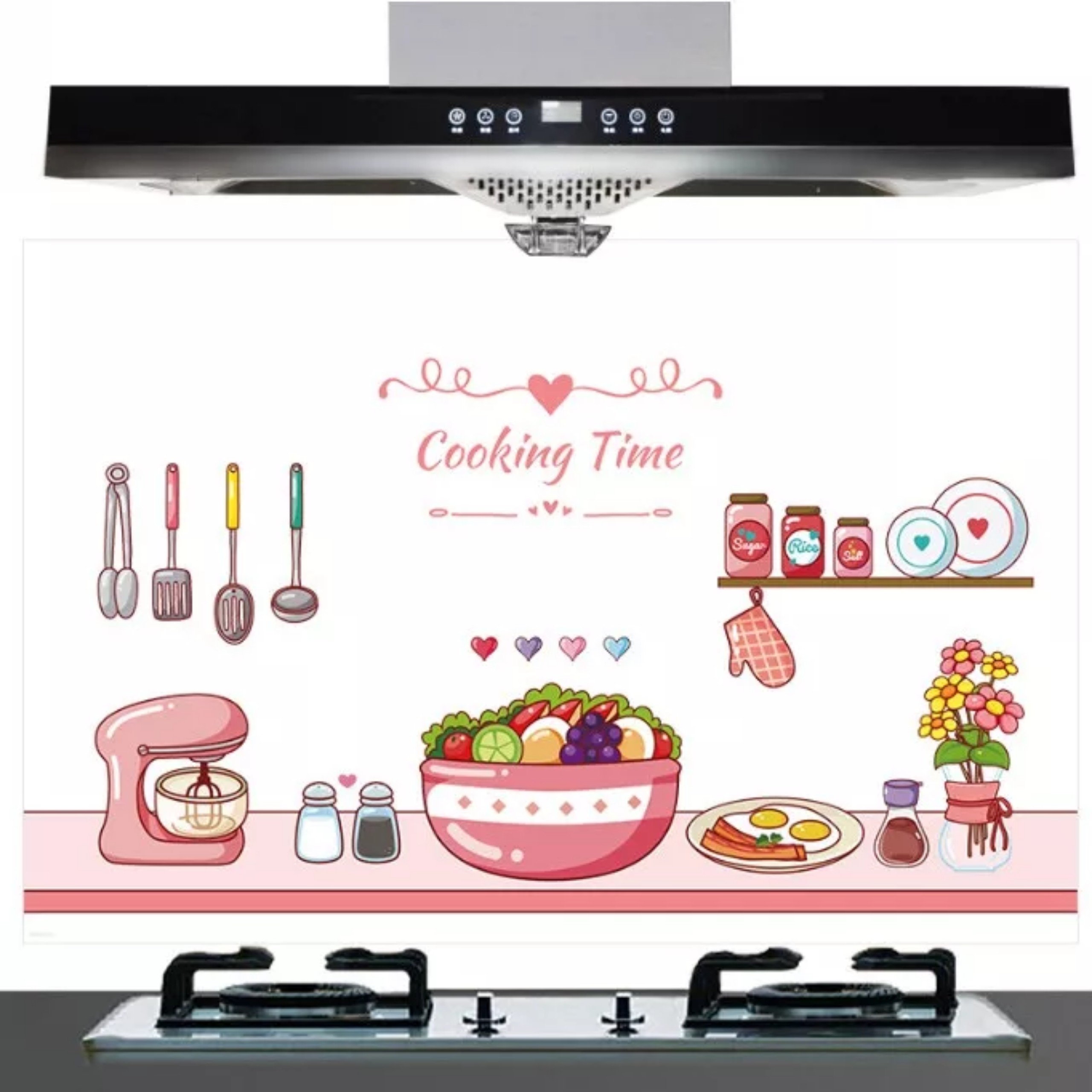 Tấm Decal Nhựa dán tường bếp Chống thấm dầu trong suốt in họa tiết Cooking Time