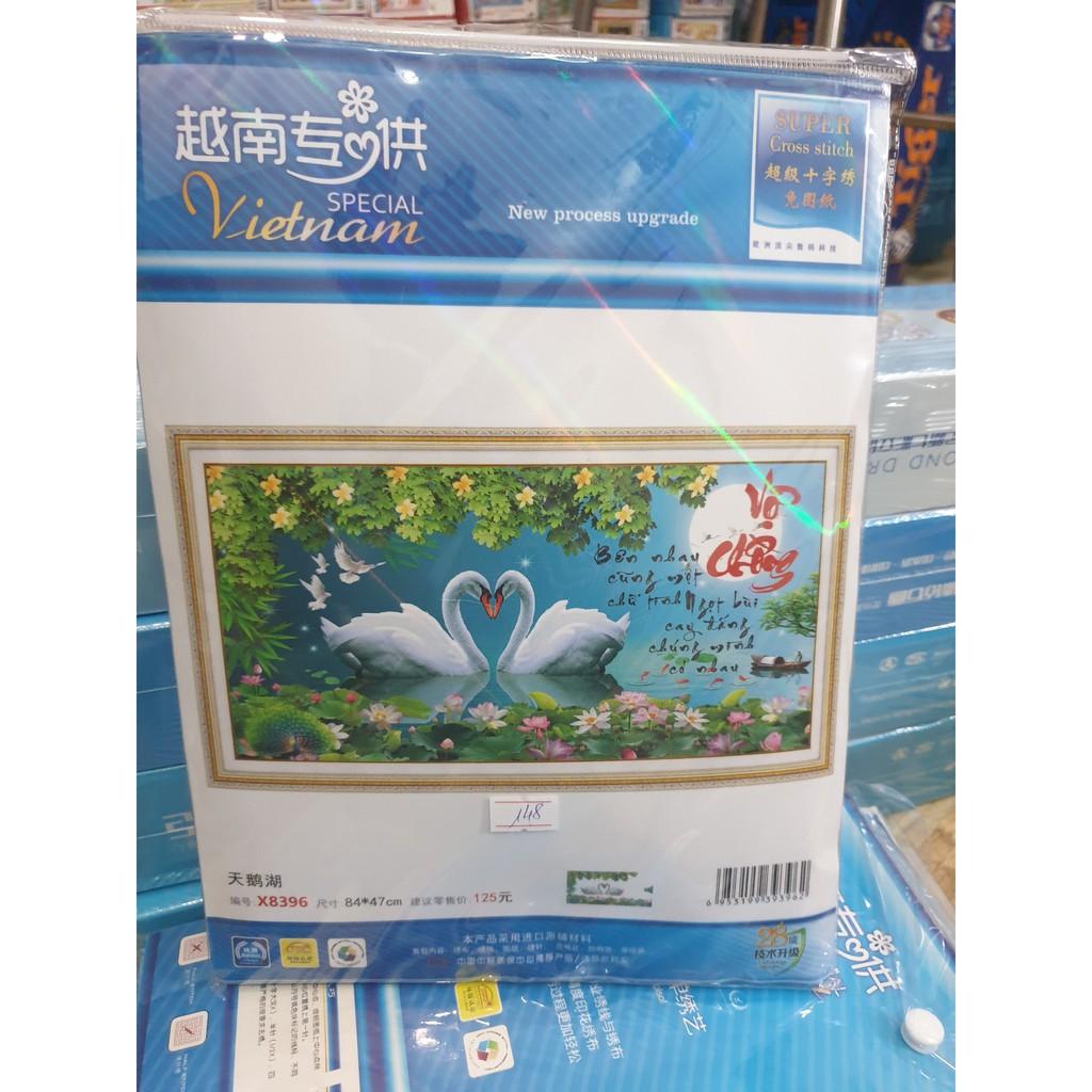 Tranh thêu vợ chồng thiên nga hoa sen X8396 - kích thước: 84 * 47cm.